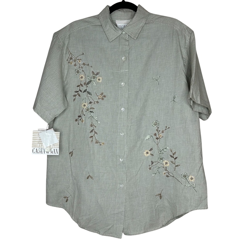 Casey & Max VTG Linen Blend Embroidered Plaid Button Up Shirt Size S Cottage‎
